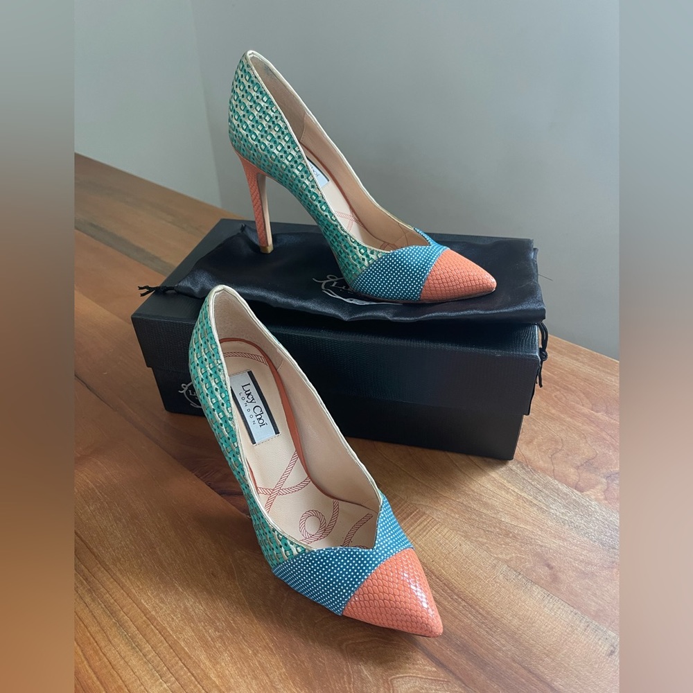 Lucy Choi London “Cupid” High Heels Orange Green Blue Lizard Size 36 / 6 - Picture 2 of 11